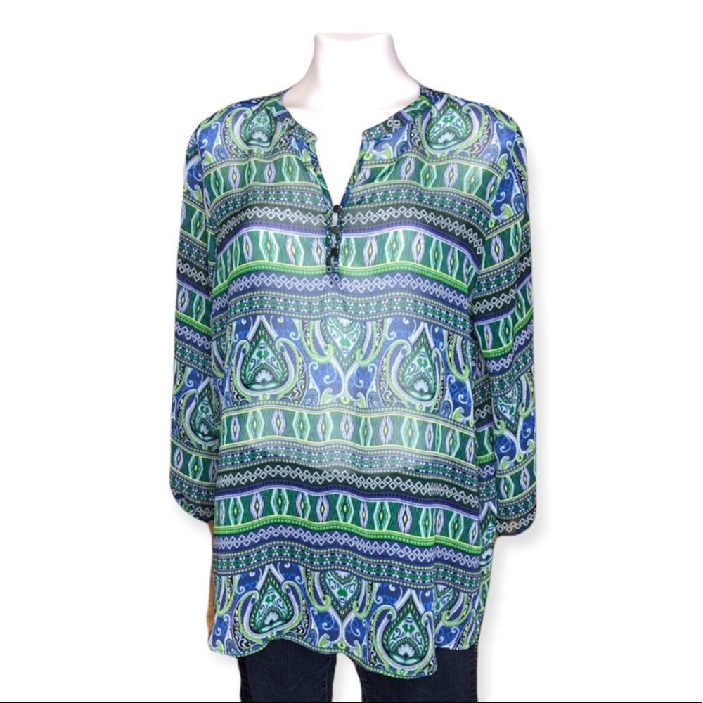 3/$20 LIZ CLAIBORNE Womens Size XL Patterned Long Sleeve Blouse Top Blue Green